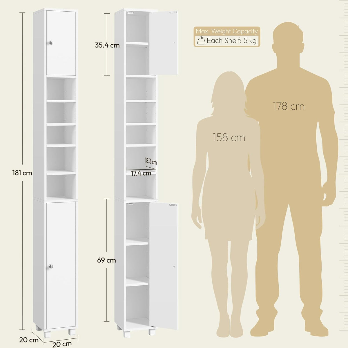 Armoire de salle de bains Yaheetech, modèle étroit, avec 6 étagères réglables, 20 × 20 × 180,5 cm, blanche