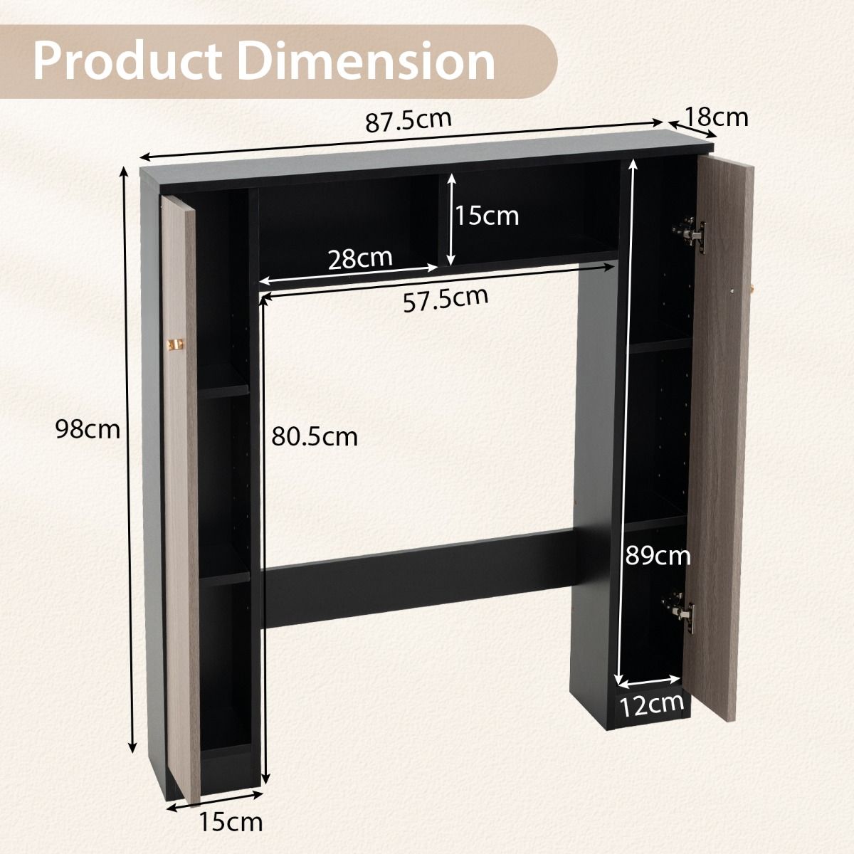 Armoire de salle de bains Coast à installer au-dessus des toilettes - double porte - étagères réglables - noir