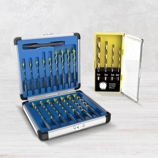Hammersmith Drill Bit Pro - jeu de forets universel pour le métal, la pierre, le bois et bien plus encore - jeu de forets hexagonaux en alliage de titane - 16 forets dans le coffret + 4 forets à coupe à gauche + 1 meule