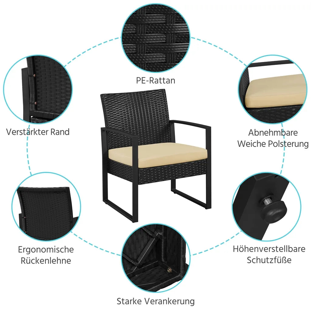 Ensemble de balcon Yaheetech - 3 pièces - 2 chaises/table - polyrotin - noir/kaki