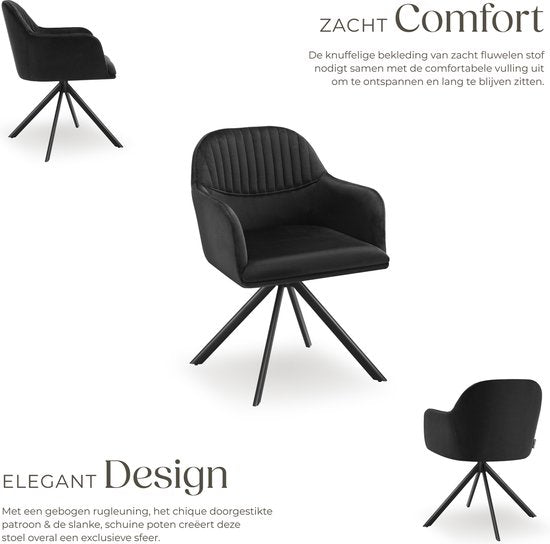 tectake® Chaise pivotante en velours - Chaise de bureau - Chaise de salle à manger avec accoudoirs - Chaise de bureau en velours, chaise de cuisine, chaise de salon - 56 x 59 x 81 cm - Noir/noir