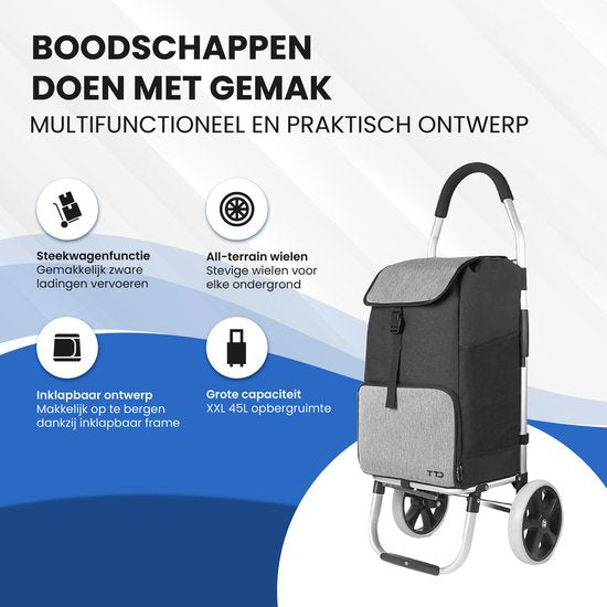 TTD® Caddie avec fonction poussette - Cadre pliable - 45L - Poches latérales spacieuses - Caddie - Imperméable - Roues tout-terrain - Caddie