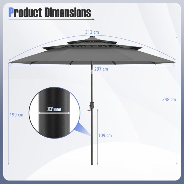 Parasol de terrasse Coast à 3 couches, Ø 313 cm - Éclairage LED solaire - Inclinable - Commande à manivelle - Gris