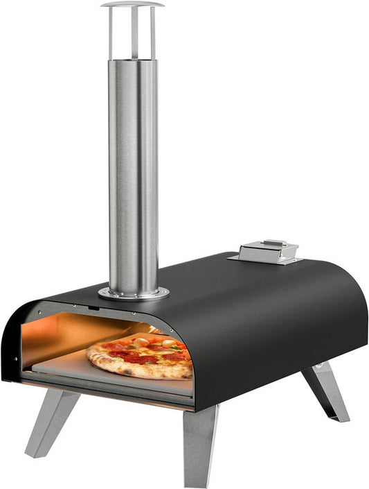 KitchenBrothers Four à Pizza - Au feu de bois - Modèle de table - Pliable - Sans PFAS - Pierre à pizza - jusqu'à 460°C - Pizzeria - Set complet - Four à Pizza d'extérieur - Noir/RVS