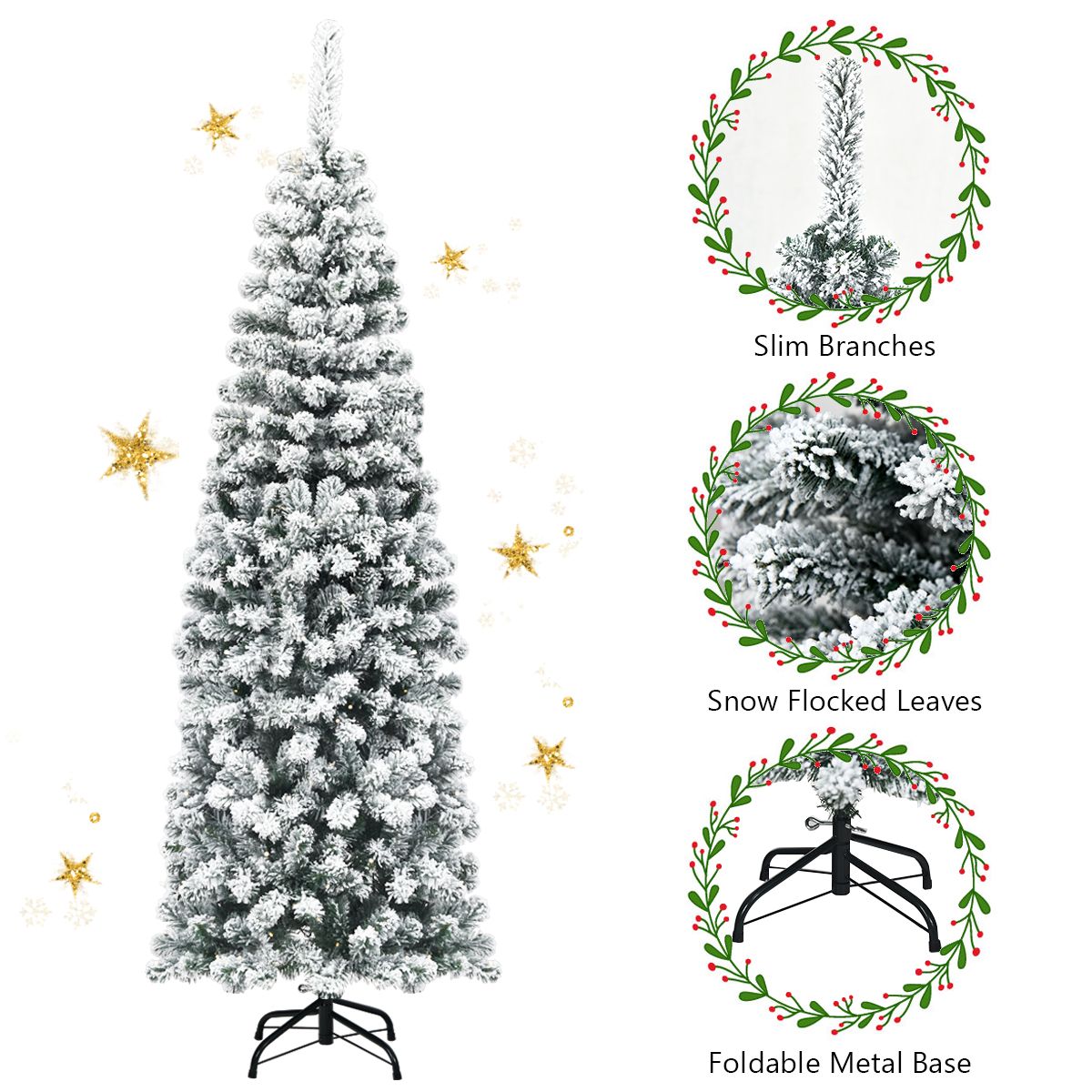coast 180 cm Arbre de Noël Pencil - Vert/Blanc - Sapin de Noël artificiel en pin enneigé avec support en métal