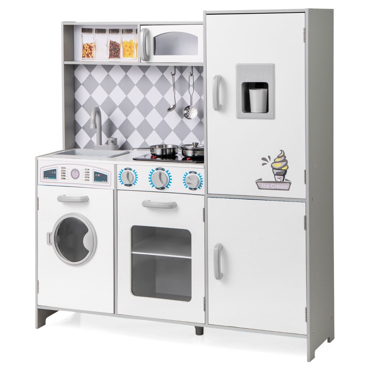Coast - Wooden Play Kitchen XXL - Cuisinière avec son et lumière, machine à glaçons, machine à laver - 91 x 30 x 102 cm - MDF/Plastic - Blanc