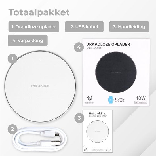 Nuvance - Chargeur sans fil 10W - Câble inclus - Chargeur sans fil - Chargeur rapide - Convient à tous les Smartphones Qi - Blanc et Argent