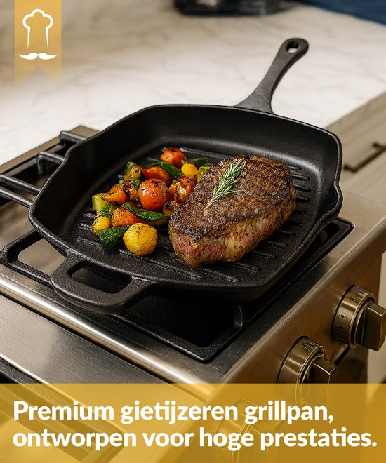 Poêle à griller en fonte Chefarone – 25,5 cm – Compatible induction, gaz, four et barbecue – Poêle à griller carrée à rainures – Sillons de cuisson parfaits et répartition optimale de la chaleur – Poêle avec poignée