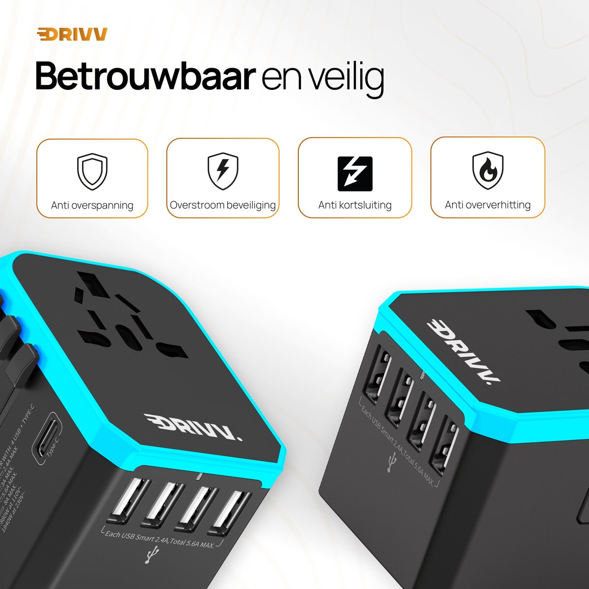 Drivv. Adaptateur universel - 4 ports USB et 1 port USB-C à chargement rapide - Adaptateur de voyage pour les États-Unis / l'Angleterre / le Royaume-Uni / le Canada / l'Afrique / le Japon / le Mexique / la Thaïlande / l'Amérique du Sud - Types A, B, C, E,