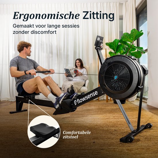 Rameur Flowsense à résistance pneumatique – Rameur professionnel – 10 niveaux de résistance – Pliable – Entraînement complet du corps – Application Bluetooth et écran LCD – Poids max. 200 kg – Rameurs – Pour la maison et la salle de sport