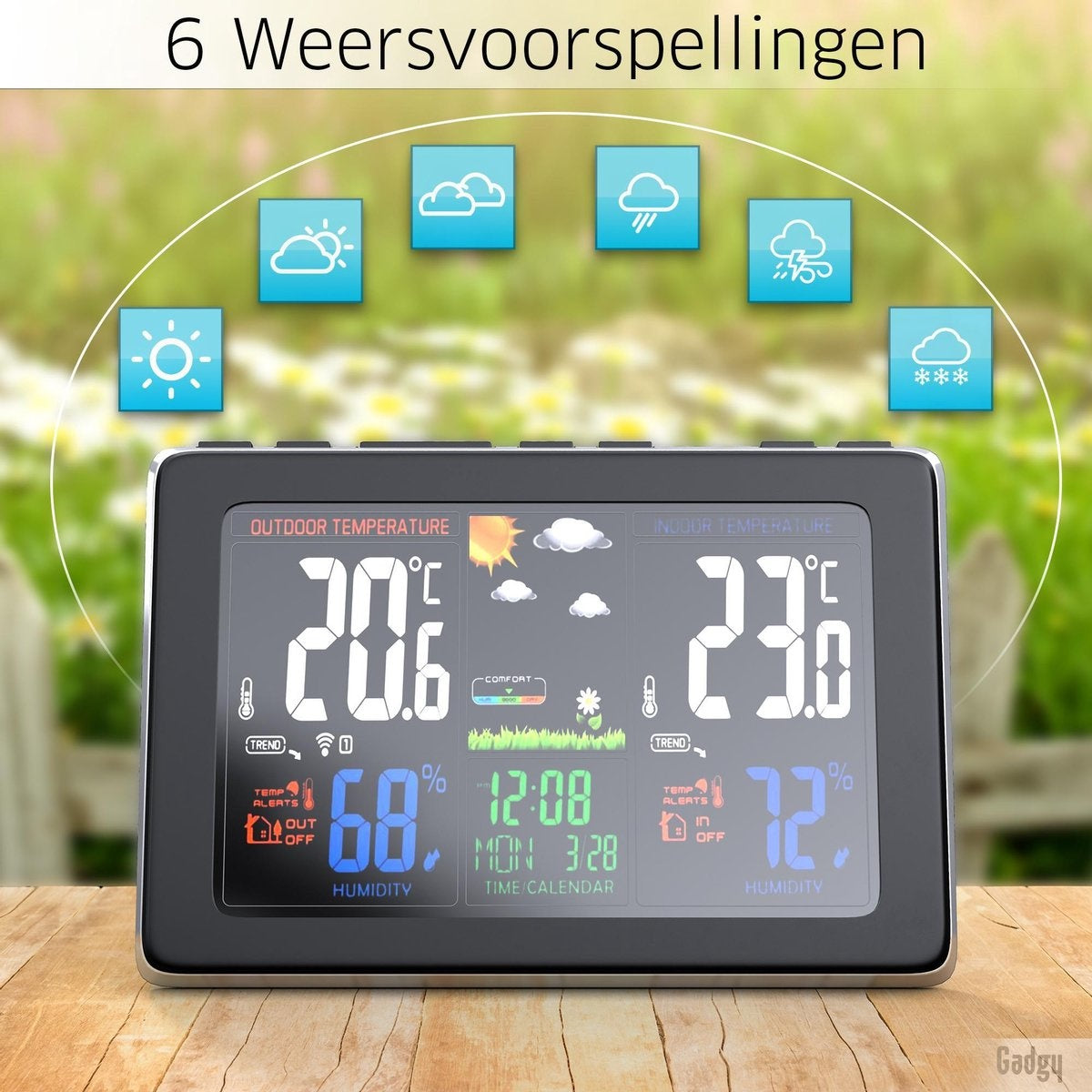 Gadgy Weerstation binnen en buiten - Draadloos weerstation met Buitensensor - Waterdichte buitenunit - Digitaal Weerbericht
