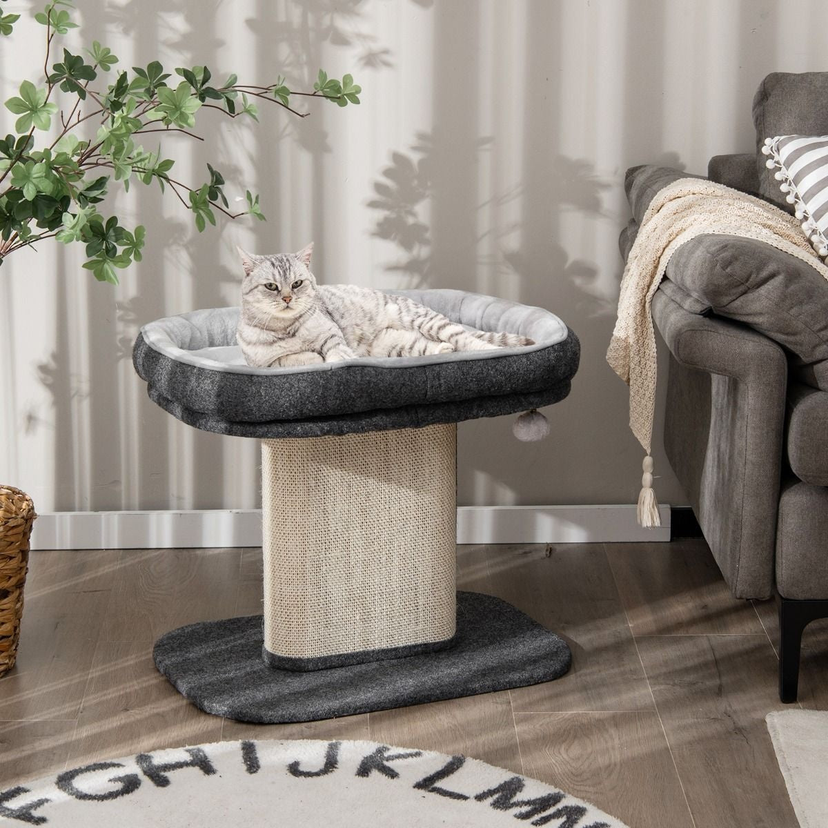 Arbre à griffes Coast Modern Meubles pour chats avec grand fauteuil en peluche et planche à griffes en sisal gris