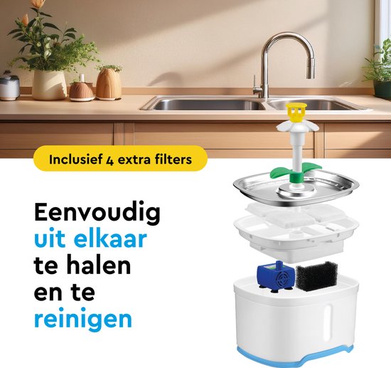 BRASQ Fontaine à boire pour chat et chien 2,5 litres - Fontaine à eau - Fontaine pour chat - Distributeur d'eau - Abreuvoir pour animaux - Blanc - Sans BPA - silencieux - Inclus 4 filtres de rechange + accessoires