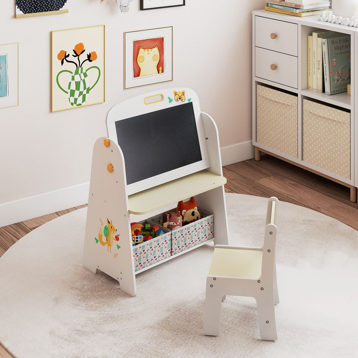 Ensemble de table et chaise pour enfant Coast - Conception 4-en-1 - Étagère à livres et espace de rangement - Couleur naturelle