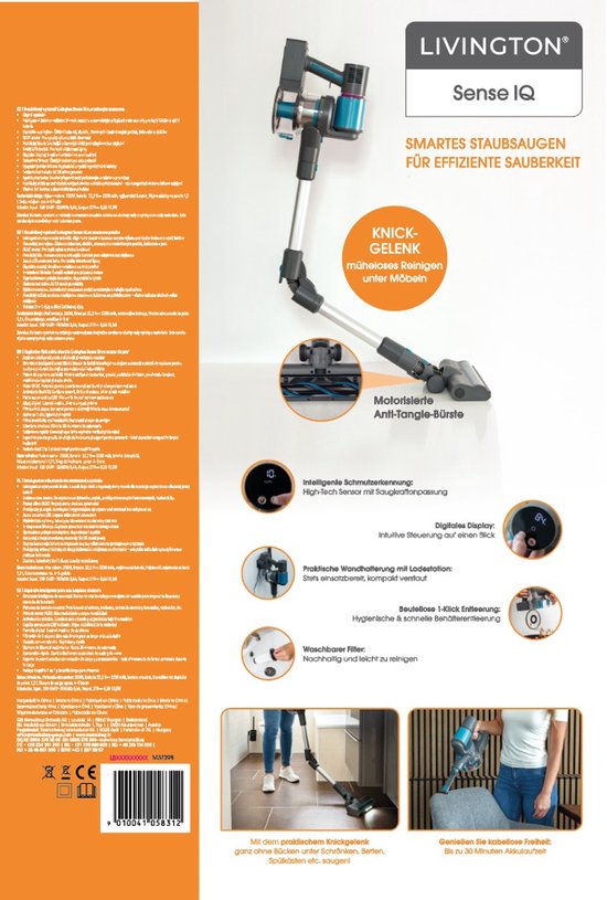 Livington Sense IQ – Aspirateur sans fil intelligent avec détection des saletés, articulation flexible, brosse à LED et système de filtration à 5 niveaux - Aspirateur sans fil - Appareil de nettoyage des sols