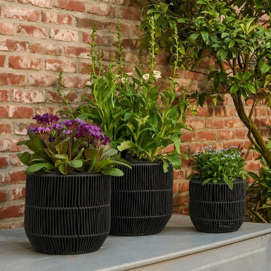 Mica Decorations Peta – Pot de fleurs d'extérieur – Lot de 3 – Pot pour fleurs et plantes d'extérieur – Pots de fleurs d'extérieur – Noir