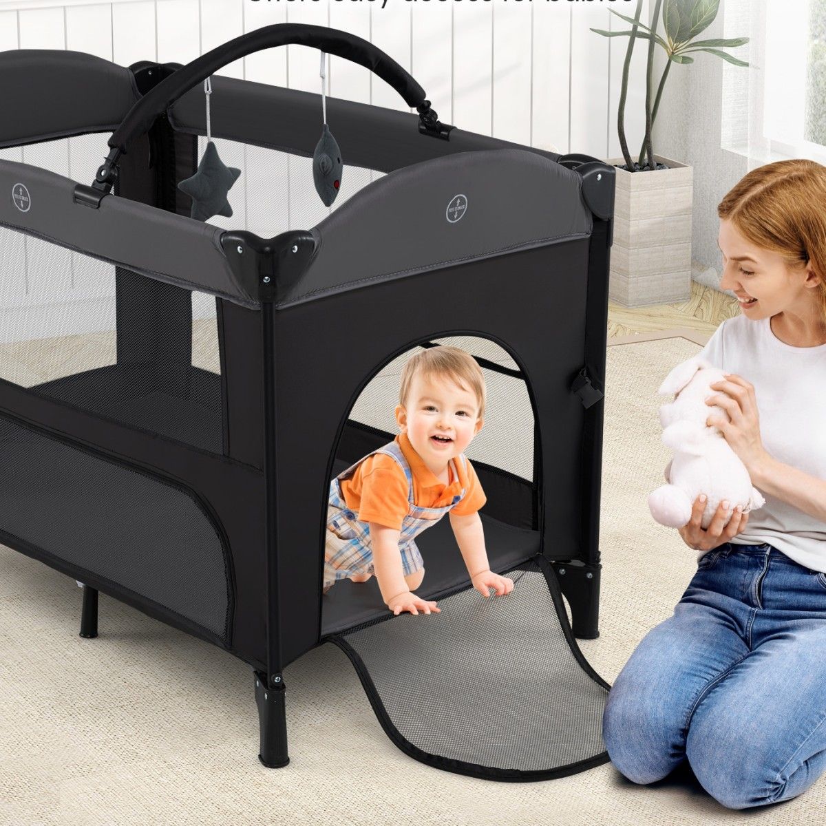 Lit de voyage pour bébé Coast 5-en-1 avec 4 hauteurs réglables, table à langer, arceau à jouets et sac de transport - 100 x 70 x 72 cm - Noir