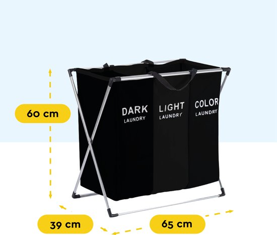 BRASQ Panier à linge pliable 3 compartiments - Trieur de linge 65x39x60 cm - Boîte à linge noire - 118 litres - Panier