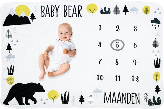 Frummel Milestone Blanket 'Bear' - Milestone Blanket - Milestone Baby - Baby Gift Boy - Baby Gift Girl - Baby Shower Gift - Baby Gift - Milestone Blanket in Dutch - Mother's Day Gift - 100 x 150 cm