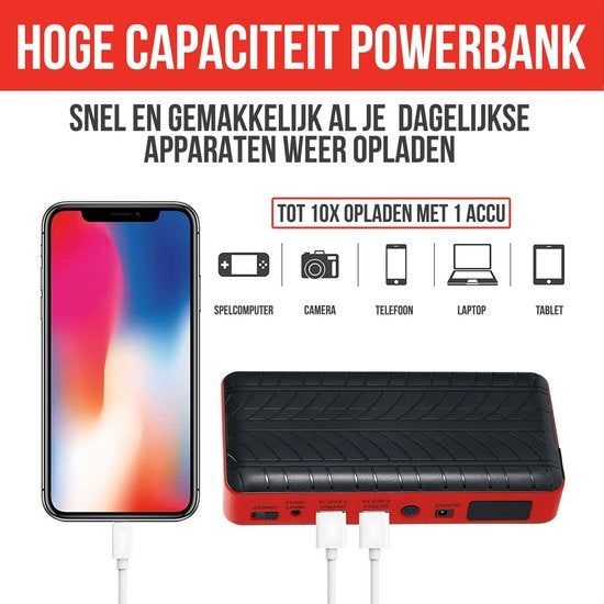 Démarreur de voiture - Strex - 12V J– 1000A / 18 000 mAh – avec powerbank, lampe de poche LED et lumière SOS d'urgence – Avec mallette de rangement