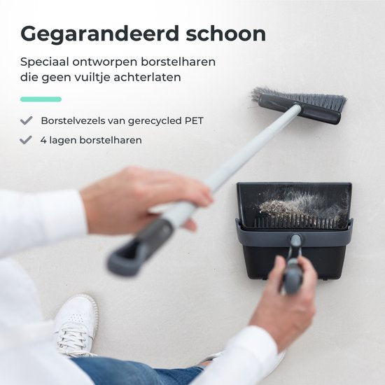 CLEANLY Pelle à poussière et brosse avec long manche 134 cm - Balai pour l'intérieur et l'extérieur - Fibres de brosse innovantes - Noir, Gris
