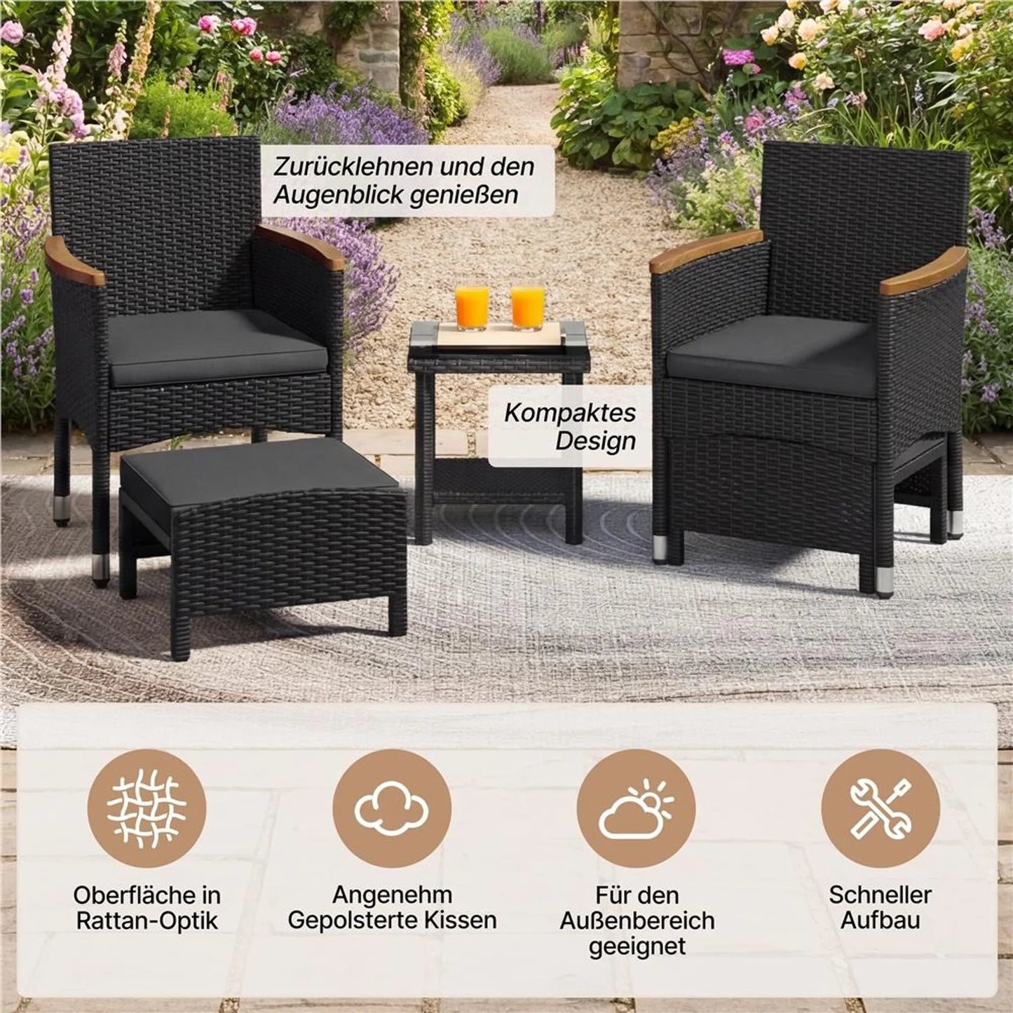 Yaheetech Lounge Set 5-Piece - Comprend deux chaises avec accoudoirs en bois d'acacia, deux ottomans et une table basse en verre trempé - Pour le jardin et le balcon - Métal noir et gris en rotin et bois d'acacia - 62.5 x 60.5 x 84 cm