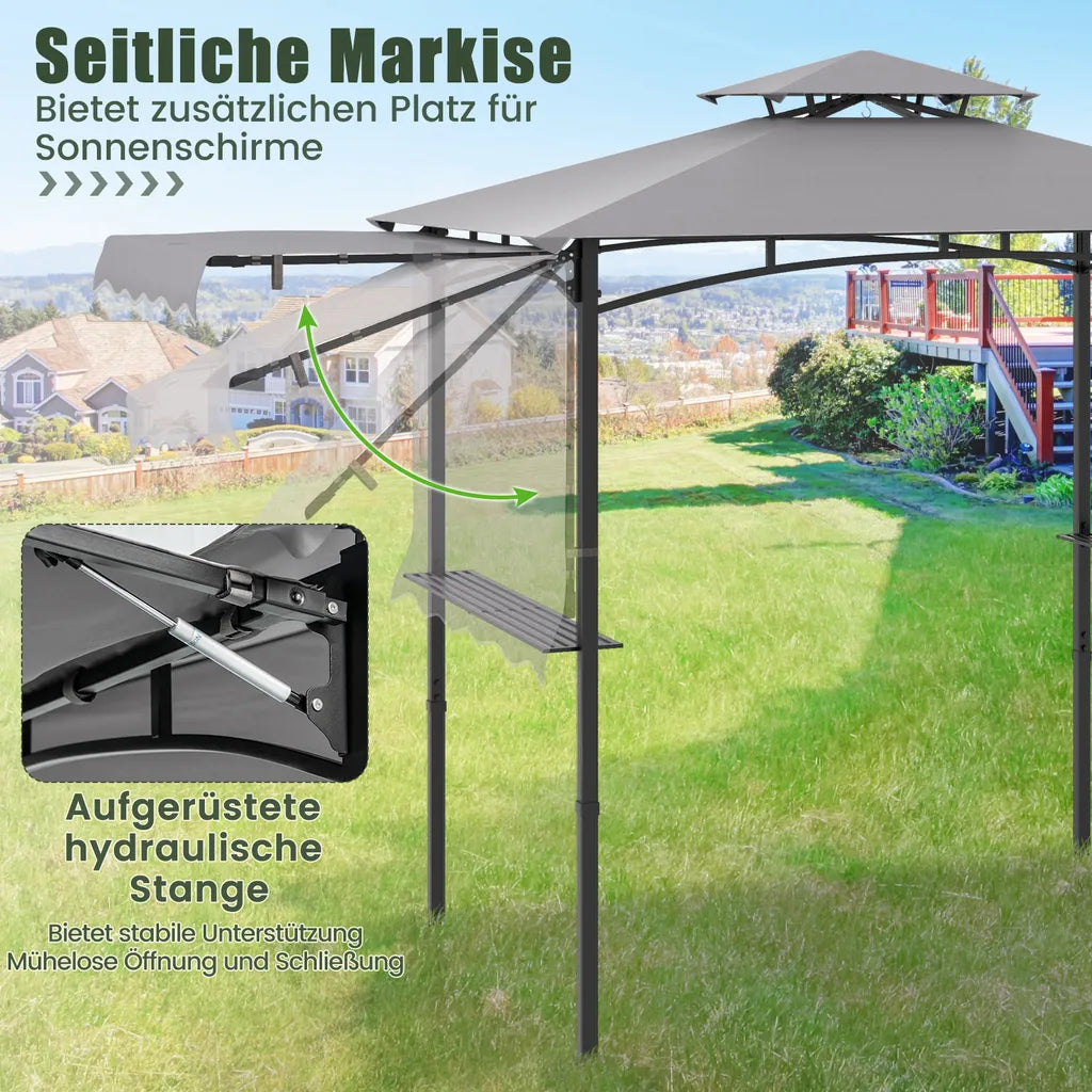 Pavillon de barbecue Coast résistant aux intempéries 318 × 153 × 250 cm – Abri pour barbecue avec auvent latéral, double toit, tables latérales, crochets et décapsuleur – Gris/Noir