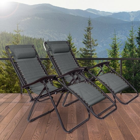 LifeGoods Chaises de jardin pliables - parasol réglable - 2 pièces - max 150kg - Gris foncé