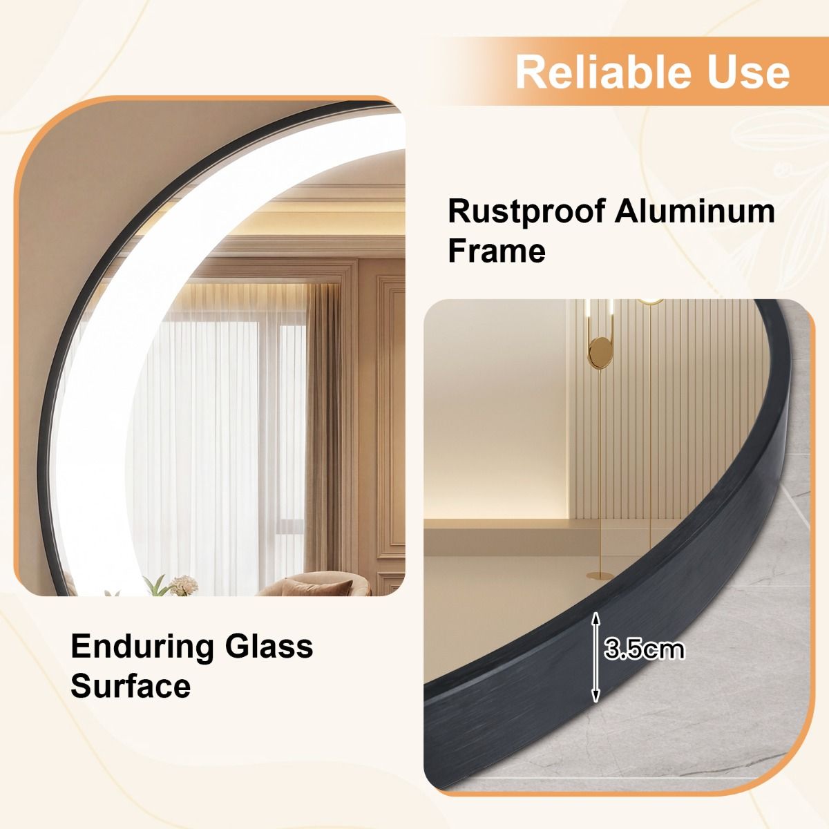 Miroir de salle de bains rond Coast - Éclairage LED - Anti-buée - 61 cm Noir