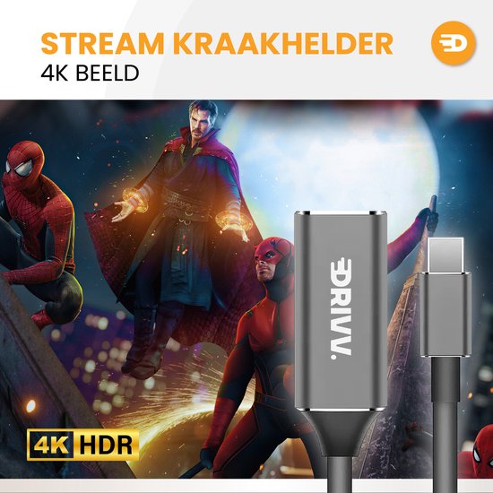 Adaptateur Drivv USB-C vers HDMI - Prise en charge de la 4K à 30 Hz - Convertisseur - Type-C vers HDMI - Thunderbolt 3 - Gris
