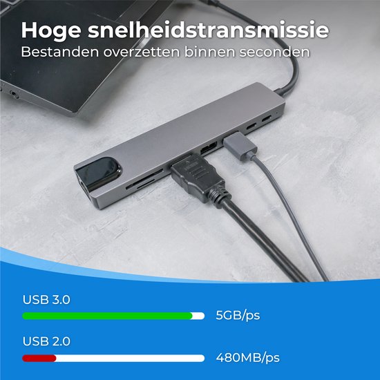 Nuvance - Hub USB C 3.0 - 8 ports - Répartiteur USB avec Ethernet - USB C vers HDMI - Hub USB 3.0 - Station d'accueil ordinateur portable - Lecteur de carte micro SD - HDMI 4K - Gris