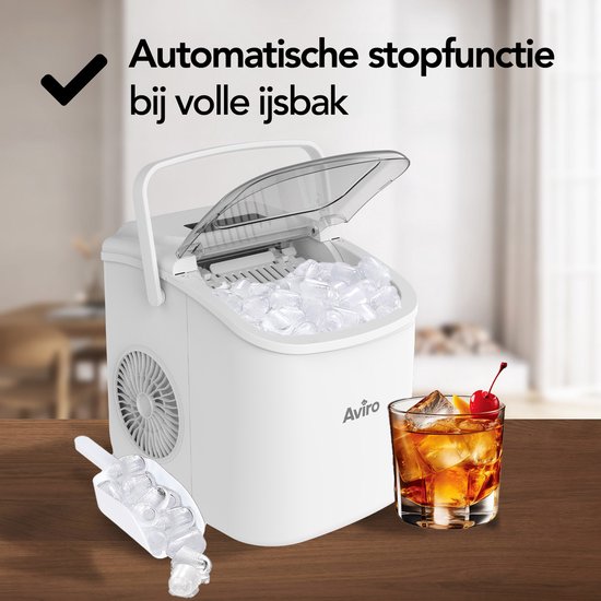 Machine à glaçons Aviro - 1,3 L - Avec cuillère à glace - Fonction d'auto-nettoyage - 12 kg / 24 h - 9 glaçons / 6 min - Blanc