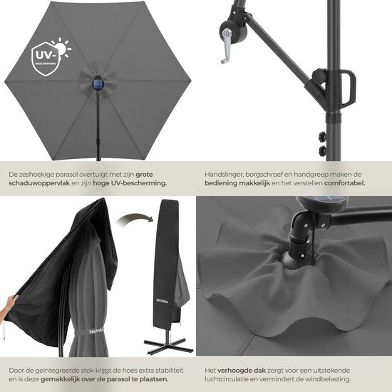 tectake® Parasol à pied flottant - 3 x 3 m - Parasol de jardin avec éclairage LED à énergie solaire - Orientable - Polyester imperméable avec protection UV - Housse incluse - Gris
