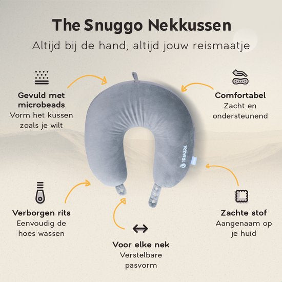 TRAVARA Oreiller cervical The Snuggo - Oreiller de voyage à microbilles pour l'avion - Oreiller de voiture - Oreiller de voyage - Gris clair
