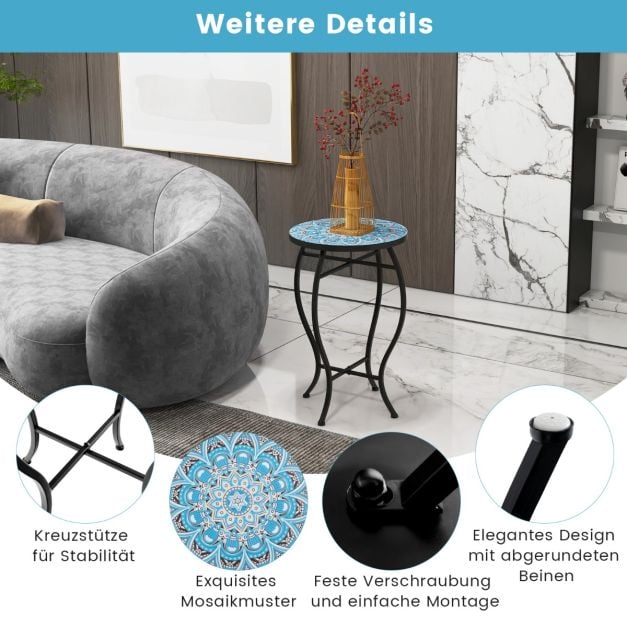 Coast Mosaic Side Table - Table de bistrot ronde 35 x 55 cm - Bleu/Noir