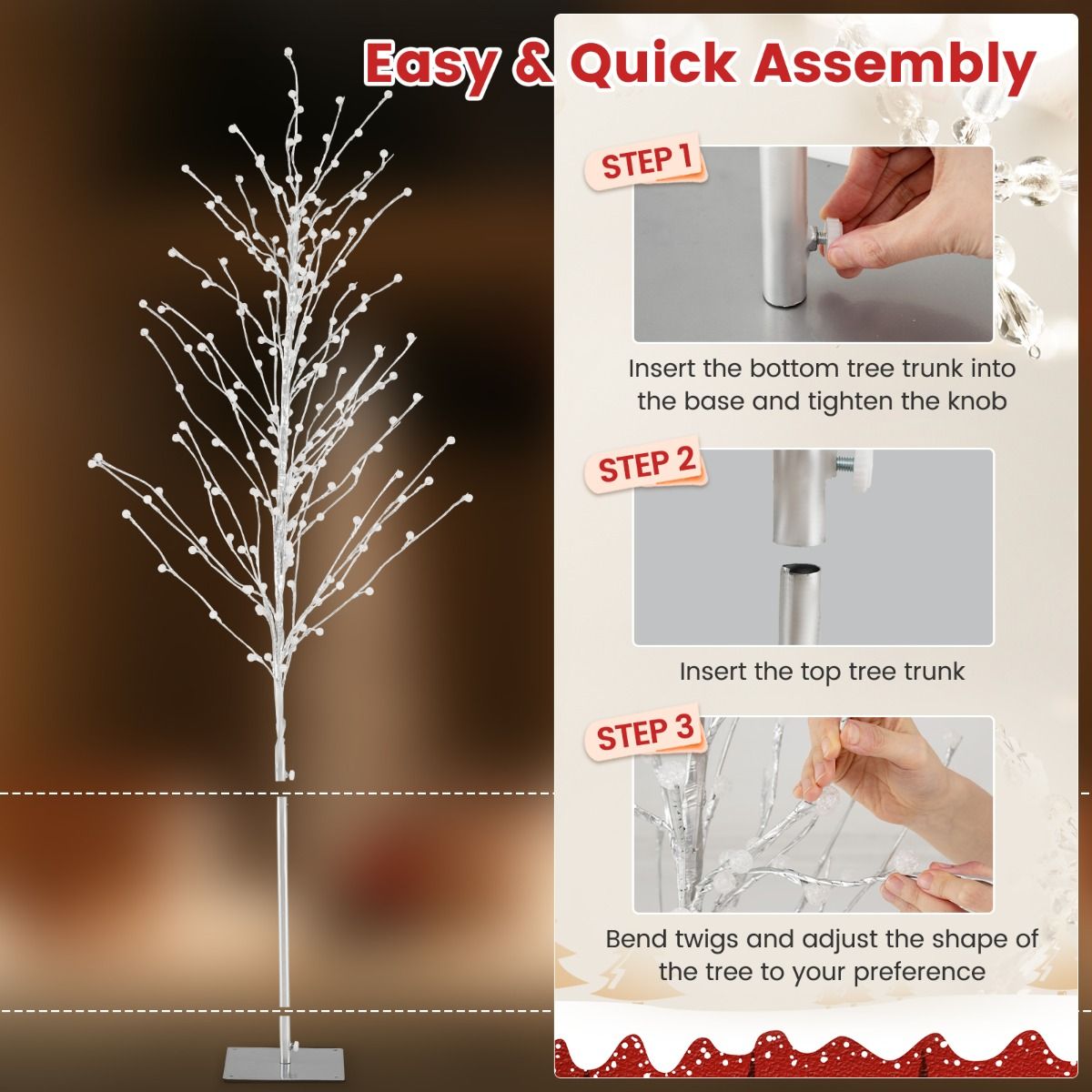 Coast LED Light Tree Bouleau - 155 cm - Blanc chaud - Argent - Support en métal - Pour l'intérieur et l'extérieur