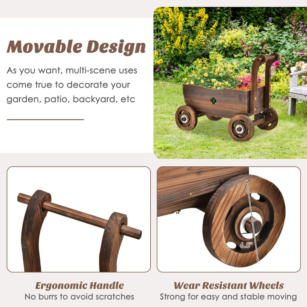 Coast Planter - Forme chariot - Max. 20 kg - 68 x 39 x 54 cm - Marron