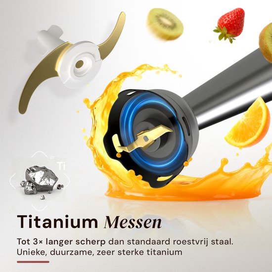 Ensemble mixeur plongeant PRO 6-en-1 - 1 100 W - Lames en titane - Spatule offerte - Fonction turbo - Comprend un hachoir, un fouet, un mousseur à lait et un verre doseur - Sans PFAS
