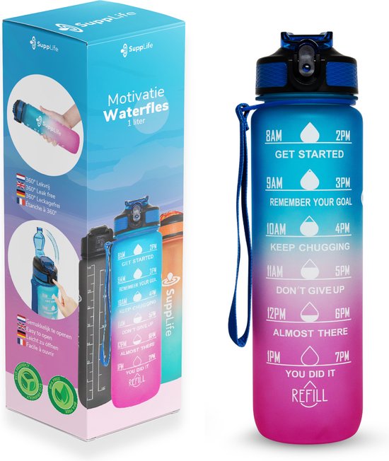 Gourde motivante Supplife - Gourde de 1 litre - Gourde avec repères horaires - Avec paille - Adultes - Enfants - Bleu et rose