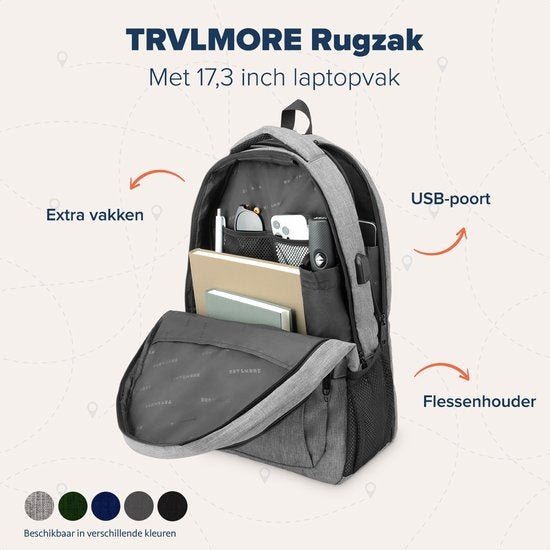 TRVLMORE Sac à dos - 36L - 17.3 inch - Sac à dos pour ordinateur portable - Sac d'école - Unisexe - Gris anti-éclaboussures