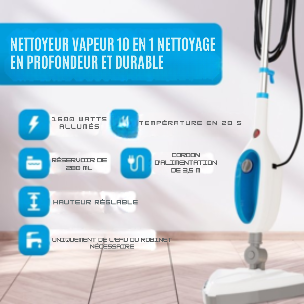 Strex Nettoyeur vapeur 12 en 1 et sèche-main – Appareil de nettoyage à la vapeur – Pour surfaces dures et textiles - Bleu et blanc