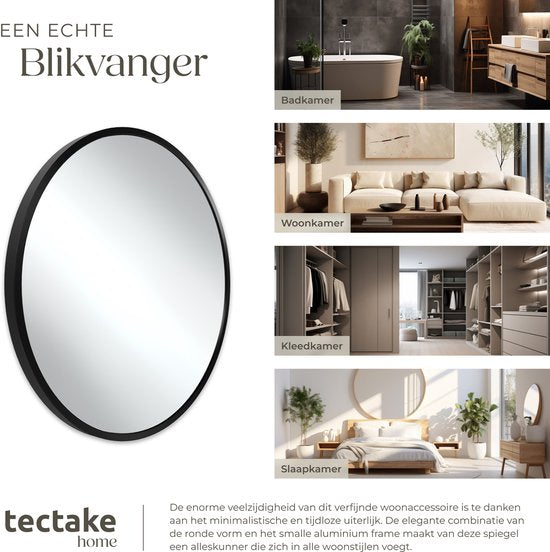 tectake® - Miroir mural rond Fiona - Miroir de salle de bain - Miroir rond avec cadre en aluminium robuste - Miroir pour la salle de bain, le salon ou la chambre - Diamètre de 80 cm