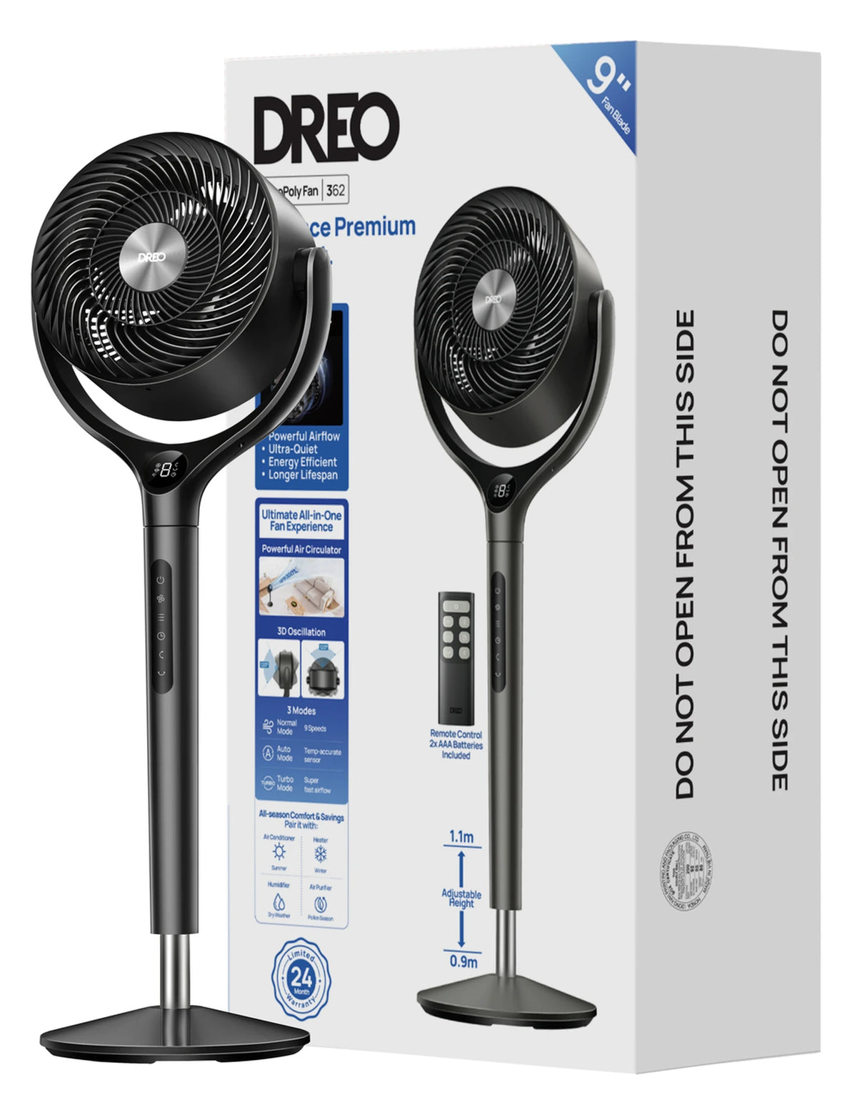 Ventilateur à circulation d'air Dreo Turbo DR-HPF022 - Ventilateur sur pied - 9 vitesses et 6 modes - Télécommande - Oscillation à 120° - Hauteur : 94-107 cm