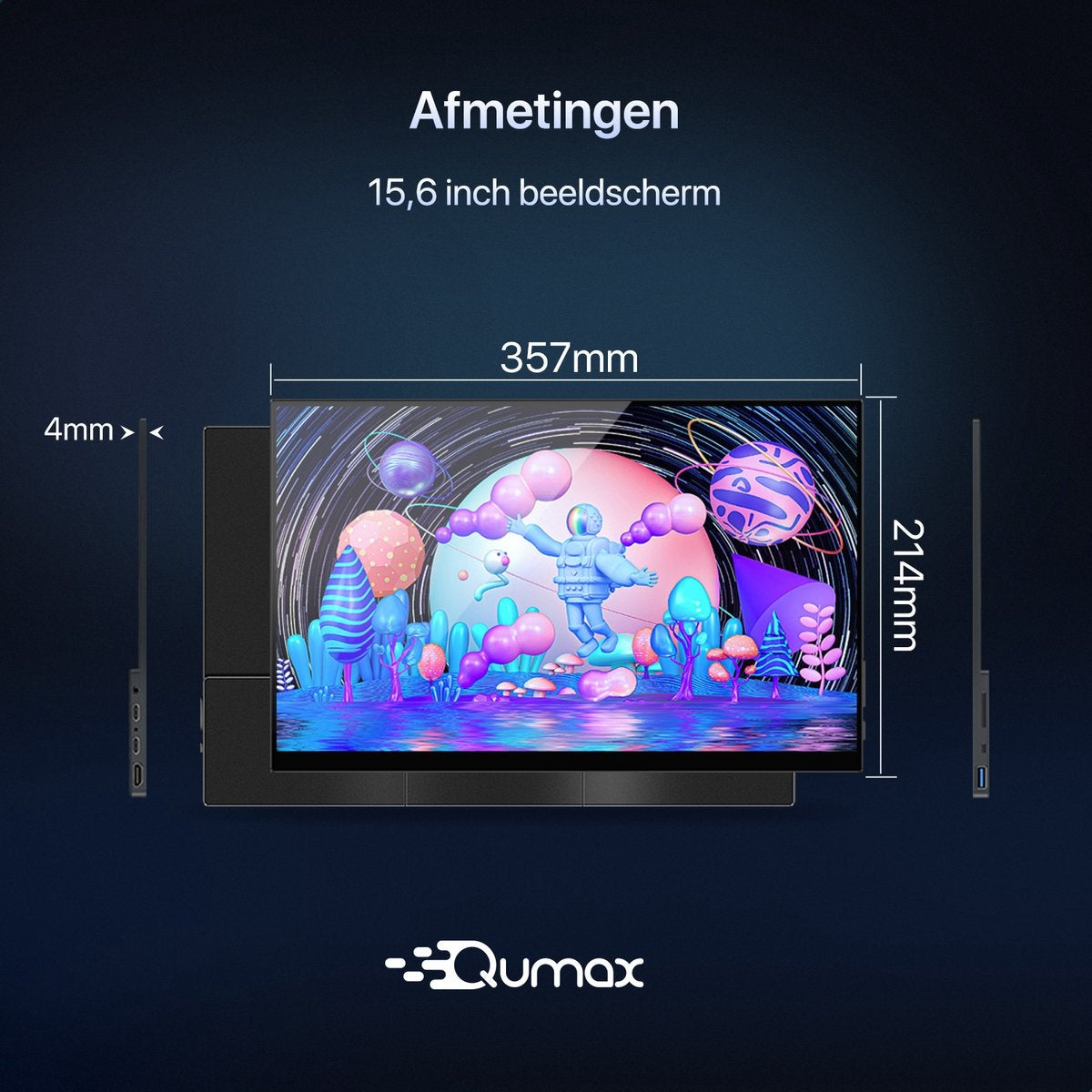 Qumax Portable Monitor - Moniteur portable 15,6 pouces - Full HD - HDMI & USB-C - Inclut une housse et un support - Multifonctionnel - Haut-parleurs intégrés