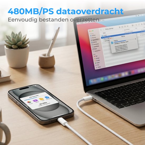 Câble Nuvance USB-C vers USB-C - Chargeur USB-C - 2 mètres - Chargeur rapide USB-C - Nylon tressé - 60 W - 480 Mbps - Blanc