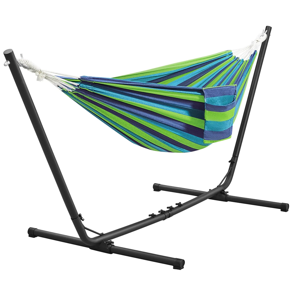 Hamac Yaheetech avec support - Rayures bleues et vertes - 2 à 3 personnes, jusqu'à 205 kg