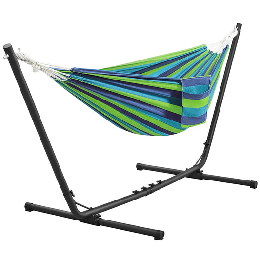 Hamac Yaheetech avec support - Rayures bleues et vertes - 2 à 3 personnes, jusqu'à 205 kg