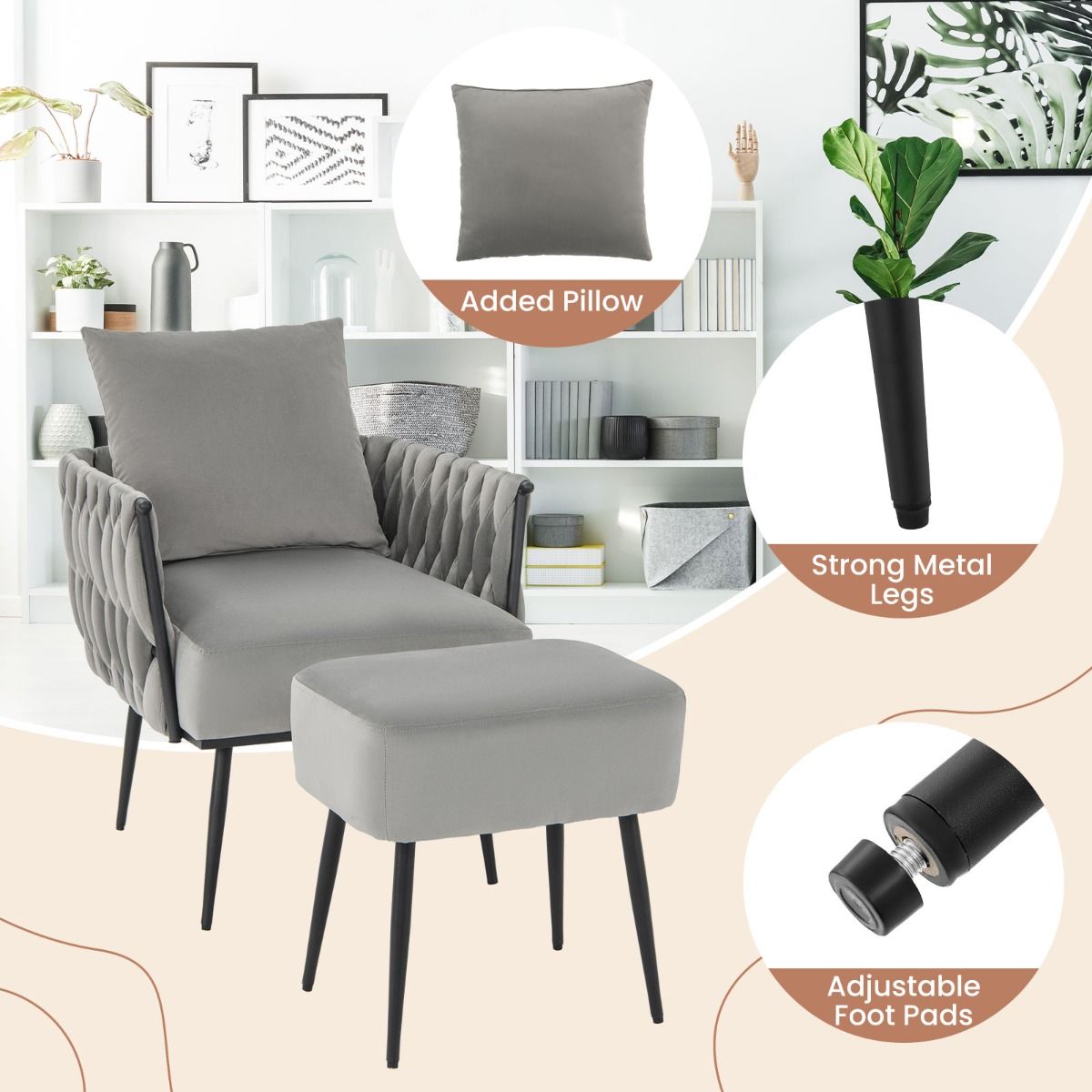 coast Modern Dutch Velvet Side Chair and Footstool Set - Grey - 66x65x80 cm | 46x35x45,5 cm