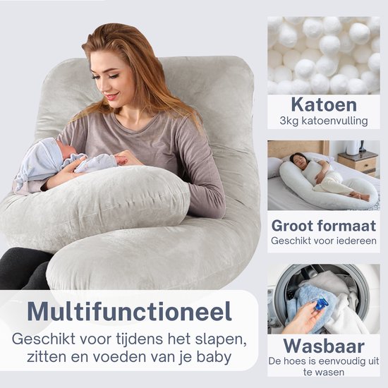 Earkings Pregnancy Sleep Pillow 140x80cm U-shape with Removable Cover - Body Pillow light grey