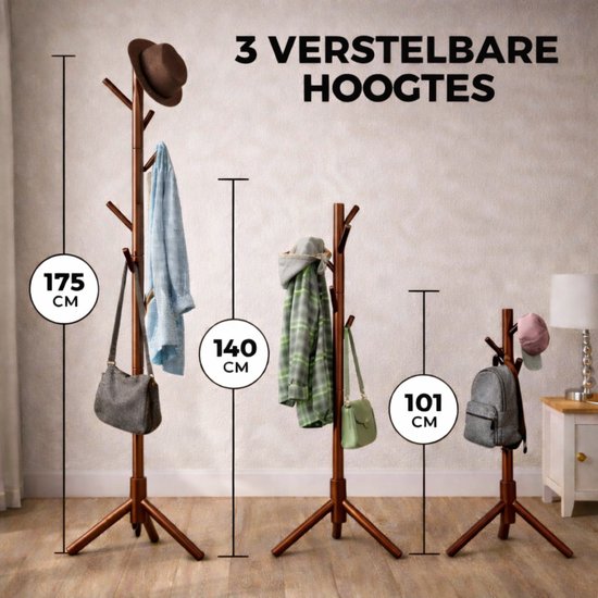 Bayt Porte-manteau - Porte-manteau sur pied - Porte-manteau en bois - Porte-manteau - 8 crochets - 175 cm - Marron
